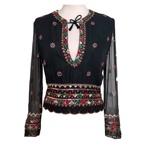 Marina Beaded Sequin Silk Sheer Blouse Black Y2K Whimsigoth Size S / M - Picture 3 of 11